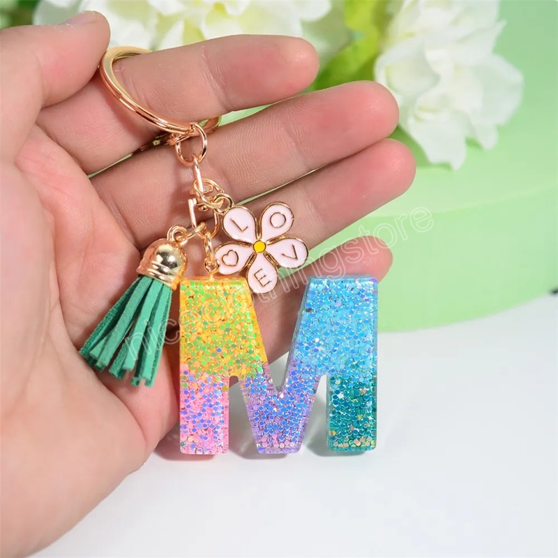 Gold Glitter A-Z 26 Letters Keychain With Pink Flower Colorful Sequins Filled Acrylic Keyrings For Women Handbags Accessories