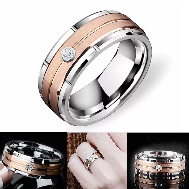 8mm 티타늄 스틸 솔리테어 반지 조각 패턴 로즈 골드 컬러 지르콘 돌 남성 반지 신부 약혼 웨딩 보석 선물