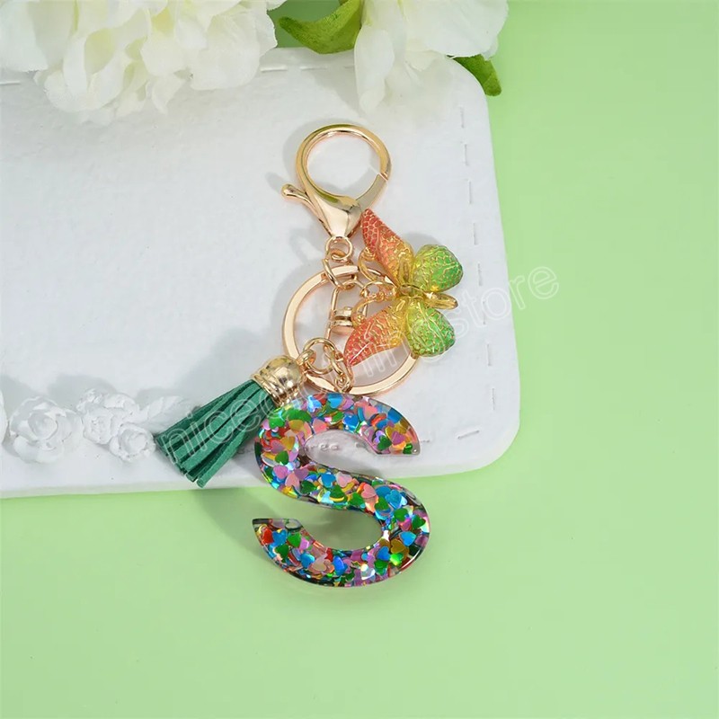 A-Z Heart Sequins Letter Keychain With Green Tassel Fashion Women Purse Charms 26 Initials Butterfly Pendant Keyring