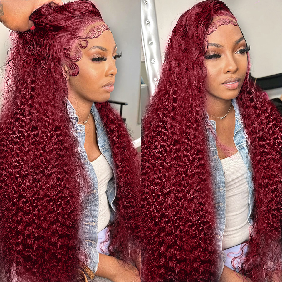 13x4 Derin Dalga Frontal Wig HD Dantel Frontal İnsan Saç Perukları Renkli 30 36 inç Kırmızı Kırmızı Kıçuk Kıvrımlı Dantel Ön İnsan Saç perukları