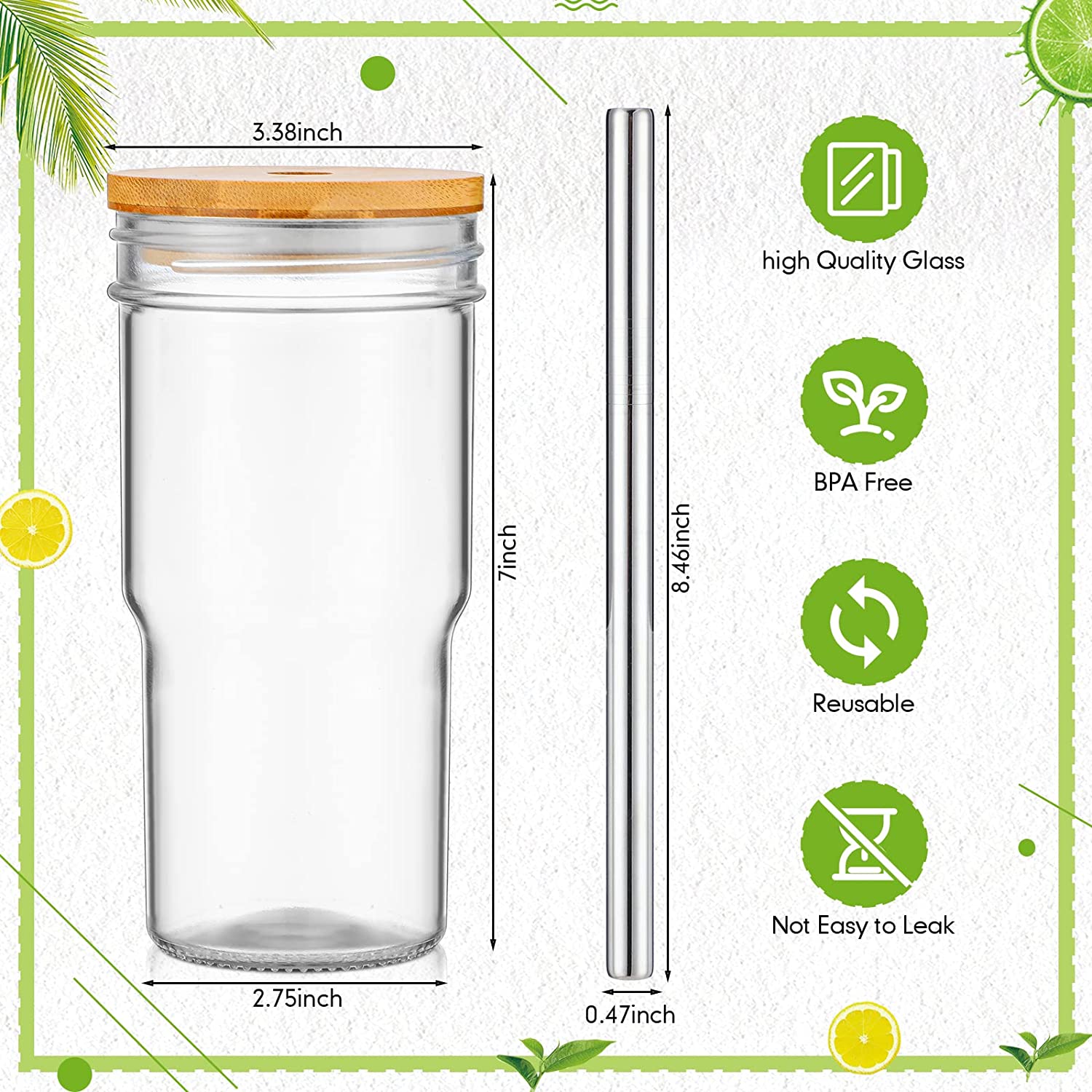 reusable Boba cup bubble tea cup, wide mason jar, travel tumbler with bamboo lid and stainless steel straw