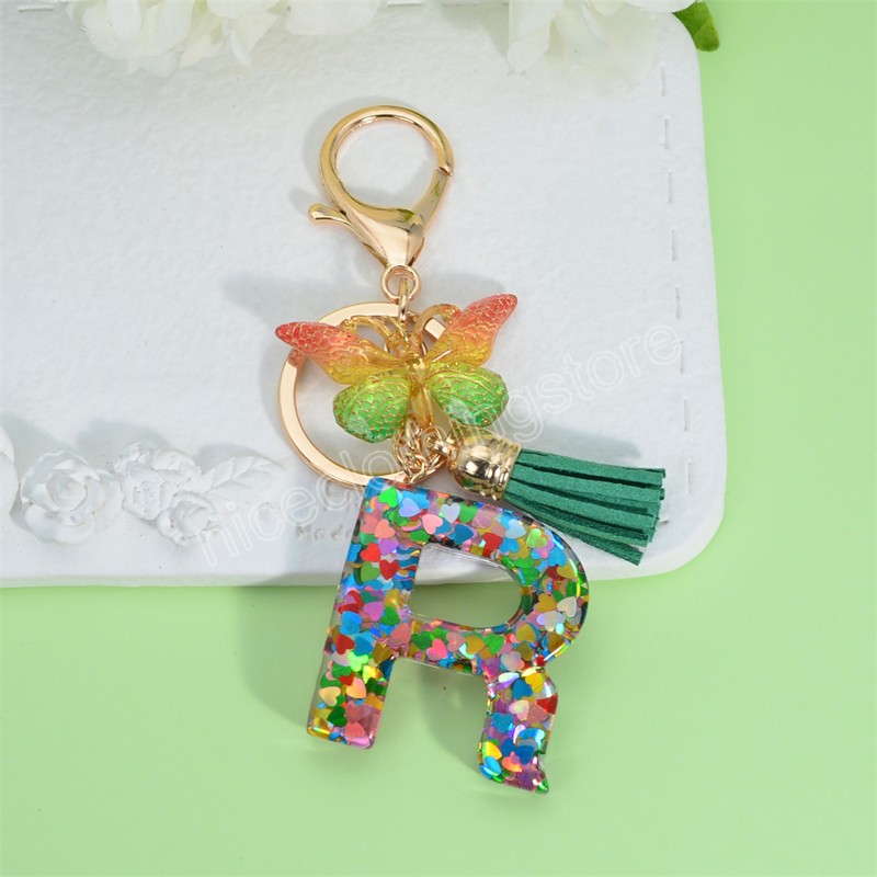 A-Z Heart Sequins Letter Keychain With Green Tassel Fashion Women Purse Charms 26 Initials Butterfly Pendant Keyring