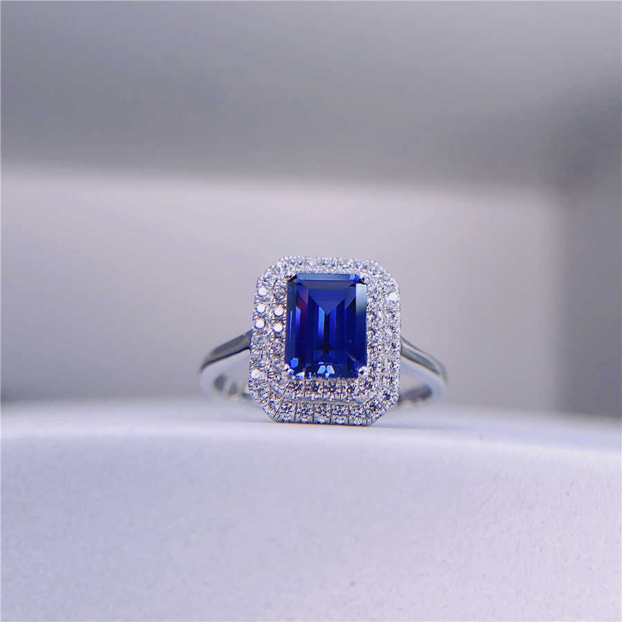 Band Rings Genuine 18K White Gold Rings Female 2CT Rectangle Sapphire Diamond Wedding Rings For Women Beautiful Birthday Jewelry
