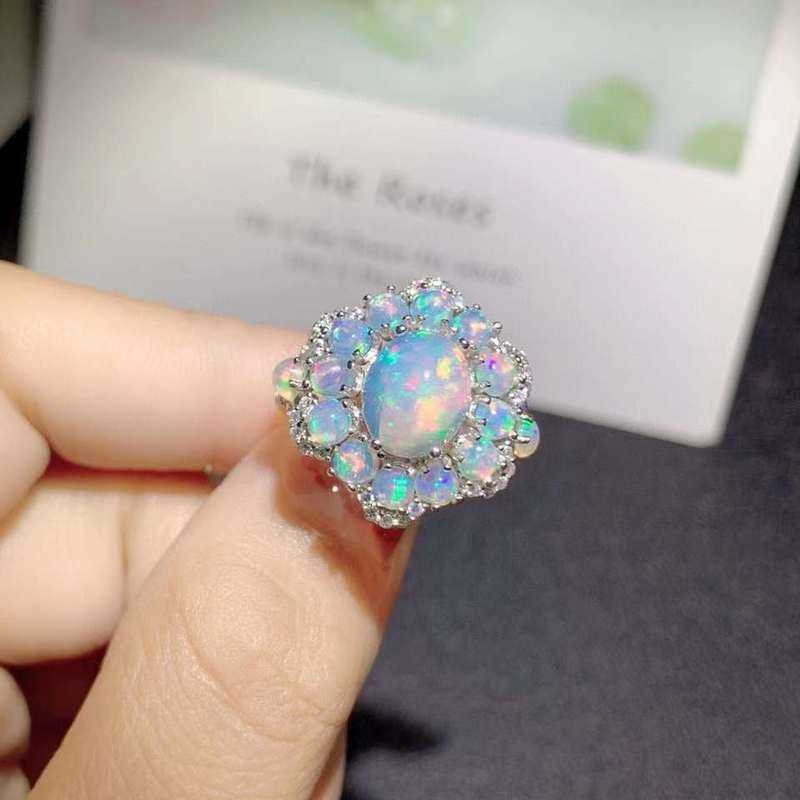 Band Rings YULUM 8*10mm Australia Opal with 3mm Natural Opal Flower Design and Silver 925 Wedding Rings for Women