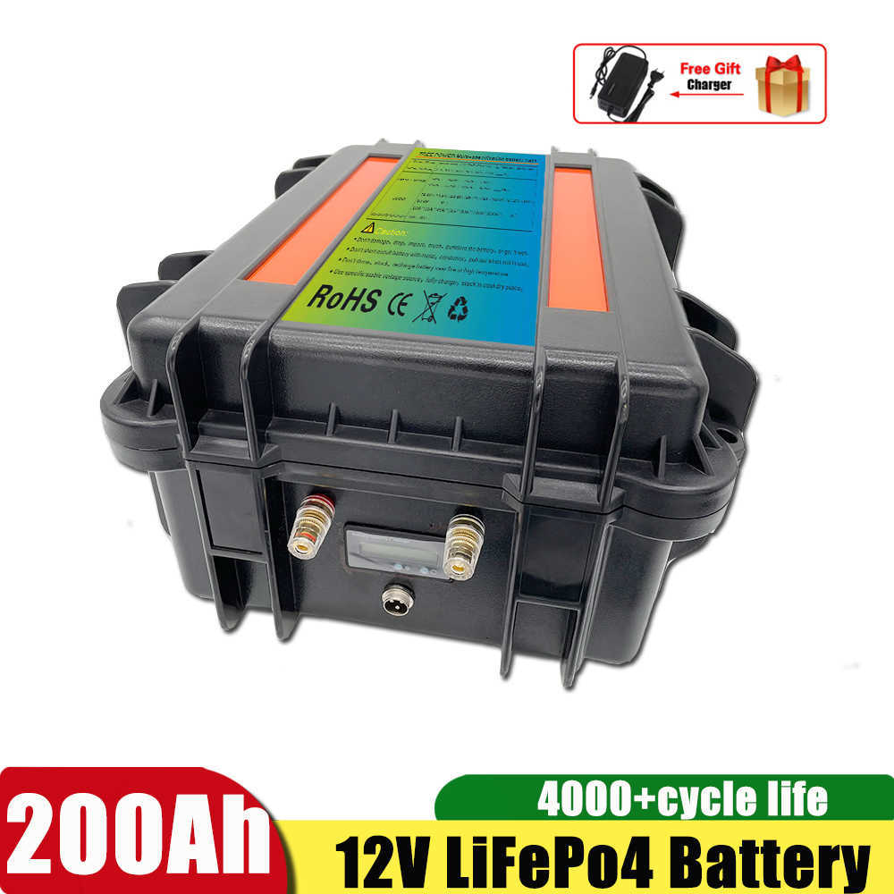 防水ケース12V 200AH LifePo4バッテリー12.8VソーラーRVカーゴルフカタマランヨットセーリング船 + 20A充電器用