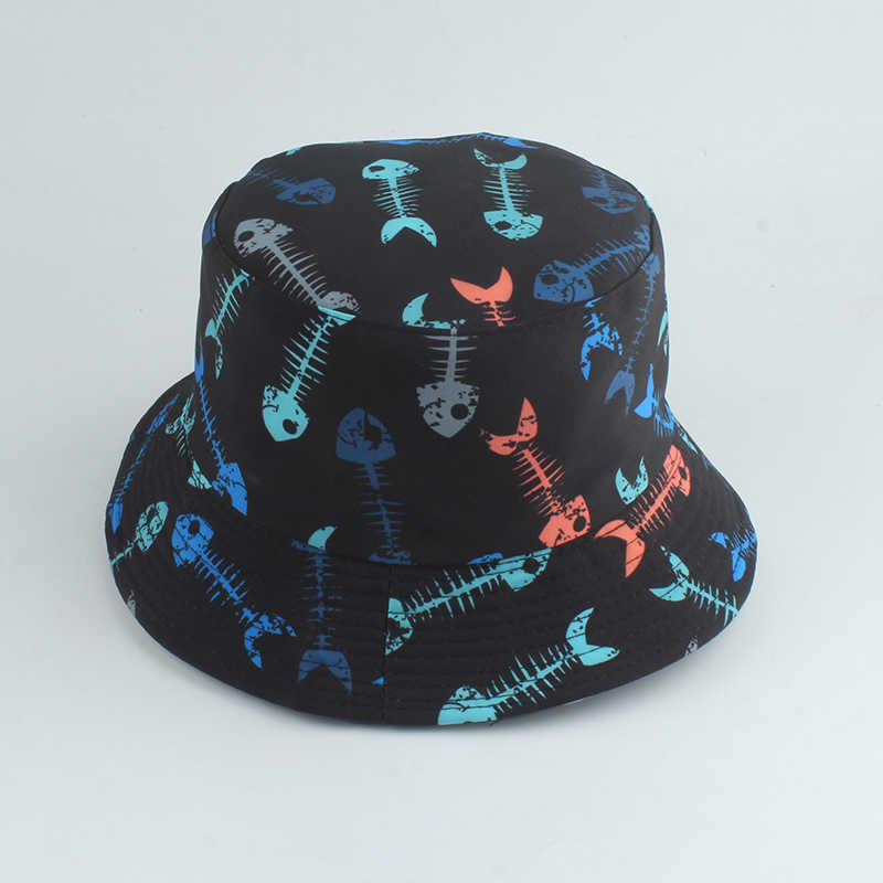 Wide Brim Hats Bucket Hats Fish Bone Print Reversible Bucket Hat Panama Bob Hip Hop Cap Women Men Summer Sun Protection Fisherman Hats HKD230810