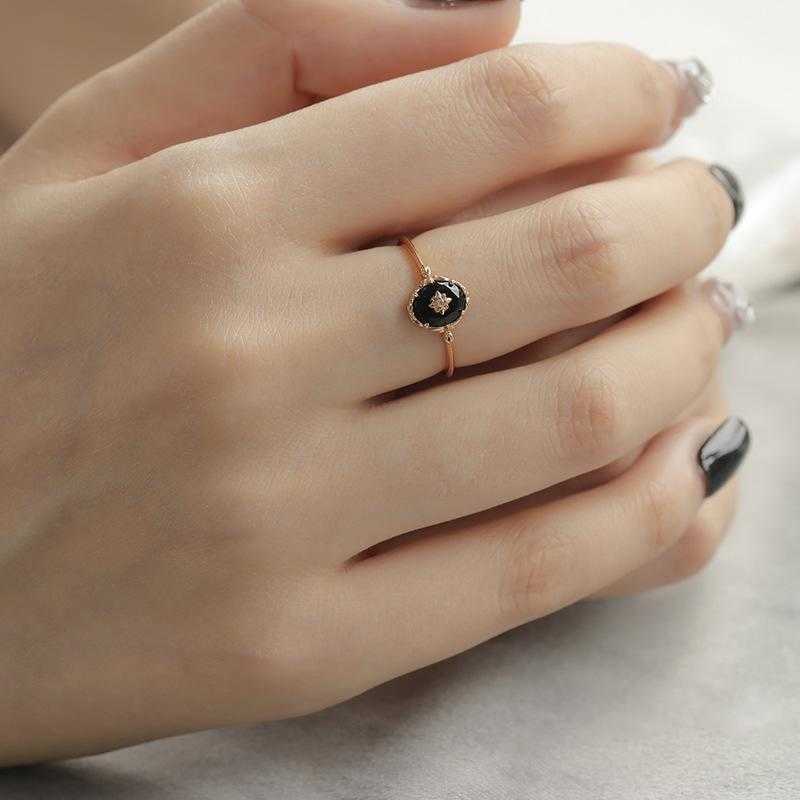 Bandringar 925 Sterling Silver 14K Gold Plated 2022 New Black Agate Zircon Round Ring Geometric Fashion Luxury Jewelry Rings for Women