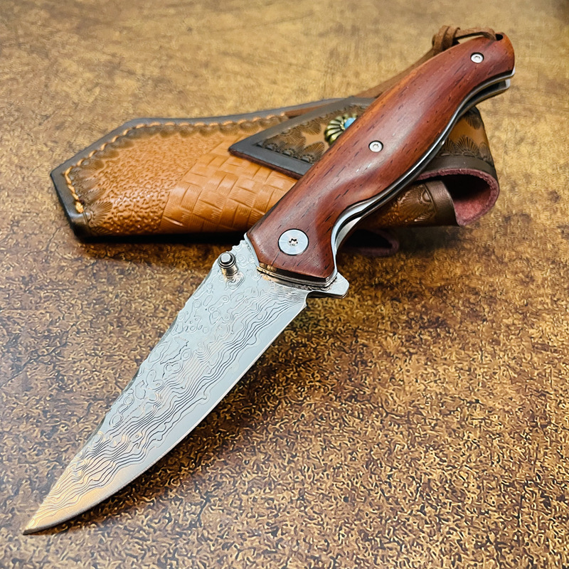 S7213 Flipper Zakmes Damascus Staal Recht Puntmes Palissander Handvat Buiten Kamperen Wandelen Vissen EDC Zakmessen Lederen schede MY