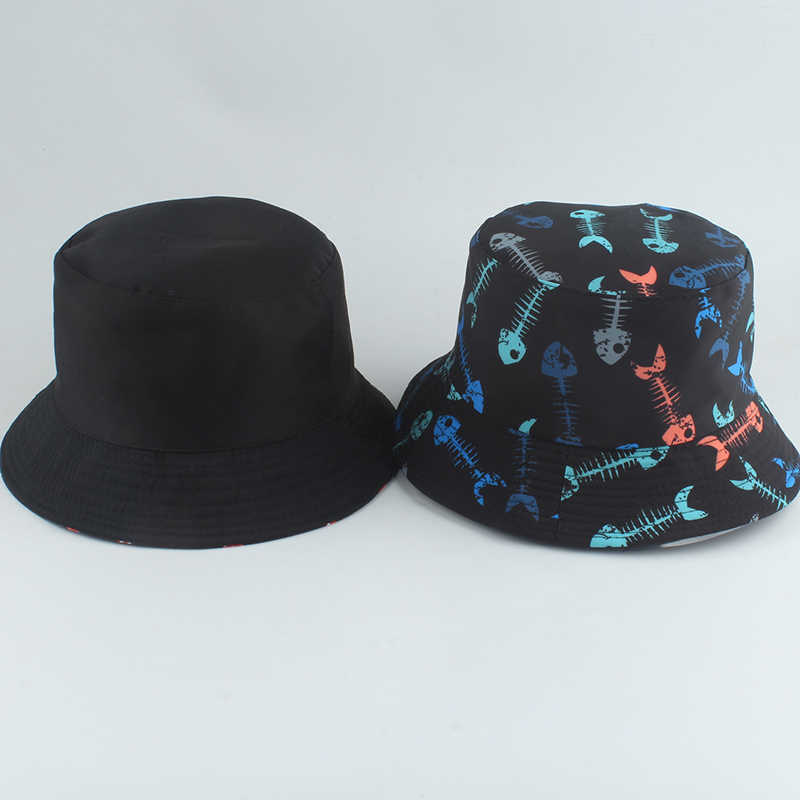 Wide Brim Hats Bucket Hats Fish Bone Print Reversible Bucket Hat Panama Bob Hip Hop Cap Women Men Summer Sun Protection Fisherman Hats HKD230810