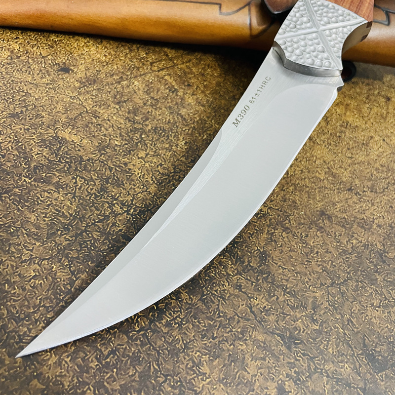 Specialerbjudande S7210 utomhusöverlevnad Rak kniv M390 Släp Point Blade Rosewood Handle Fixed Blade Tactical Knives With Leather Sheath