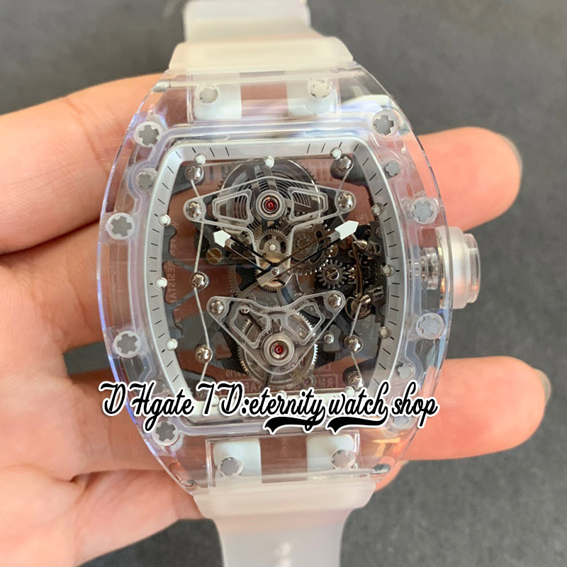 EUR V2 56-02 Mens Watch Real Tourbillon Hand Winding Snow Glass Sapphire Case Skeleton Dial Transparent Rubber Strap Super Edition 056 Reloj Hombre eternity Watches