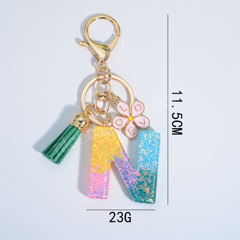 Gold Glitter A-Z 26 Bokstäver Keychain med rosa blommor Färgglada paljetter Fyllda akrylnycklingar för kvinnliga handväskor tillbehör