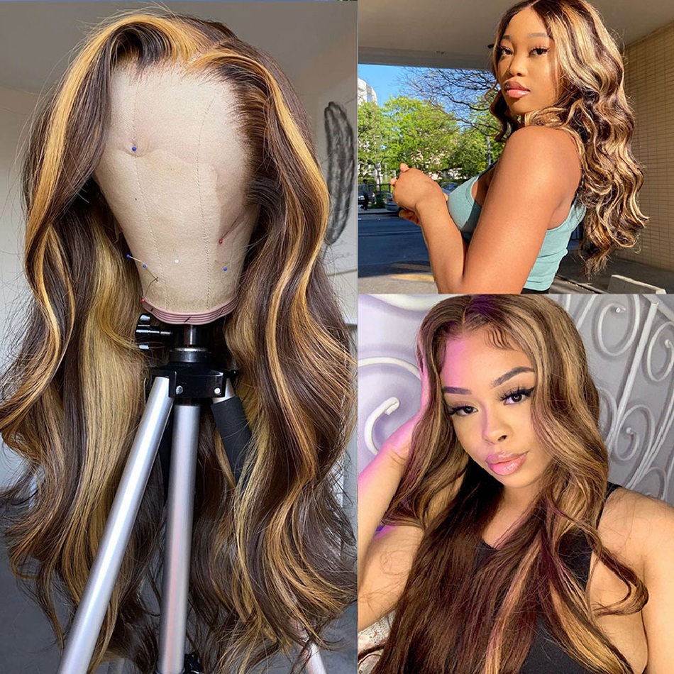 Hoogtepunt Pruik Menselijk Haar Honingblond 4/27 Gekleurde Lace Front Menselijk Haar Pruiken voor Vrouwen Pre Geplukt Body Wave