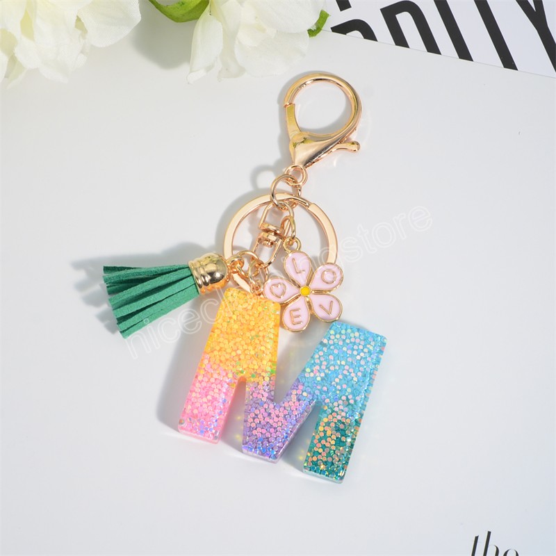 Gold Glitter A-Z 26 Bokstäver Keychain med rosa blommor Färgglada paljetter Fyllda akrylnycklingar för kvinnliga handväskor tillbehör