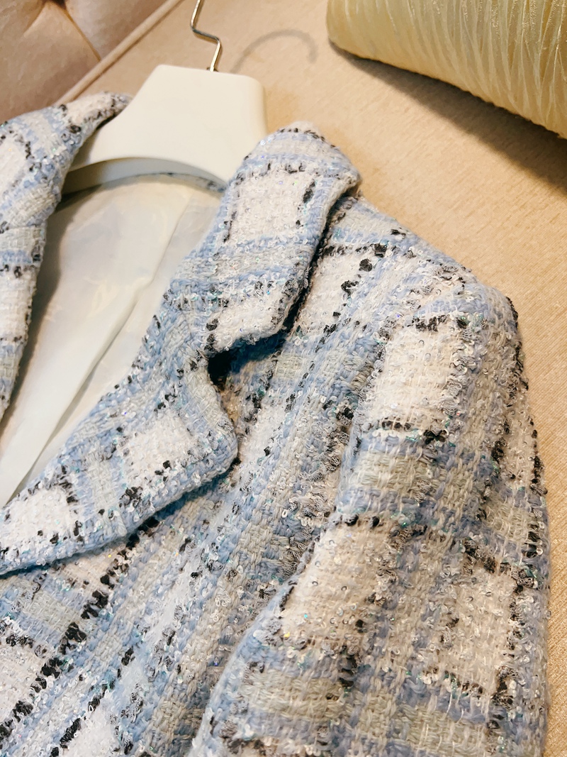 Veste d'automne en Tweed à carreaux bleu, manches longues, revers cranté, Double poches, simple boutonnage, manteau court, vêtements d'extérieur, A3G096579