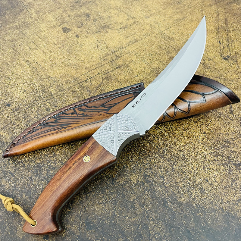 Specialerbjudande S7210 utomhusöverlevnad Rak kniv M390 Släp Point Blade Rosewood Handle Fixed Blade Tactical Knives With Leather Sheath
