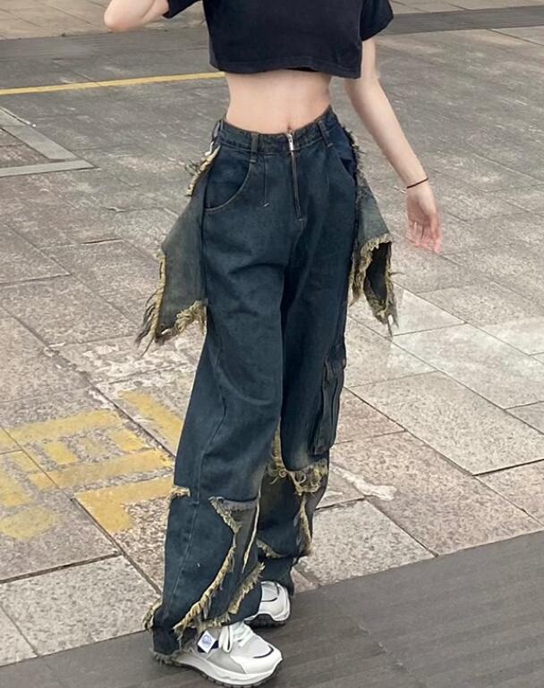 Women Blue Jeans Contrasting Colors High Waist American Street Wide Leg Pants Fashion Hip Hop Vintage Straight Autumn Trousers