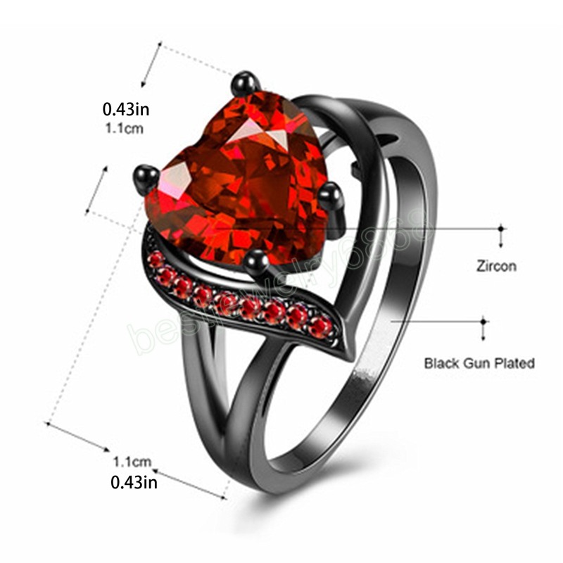 Romantic Black Gold Plated Promise Band Ring Wedding Purple Heart Cubic Zirconia Rings For Women