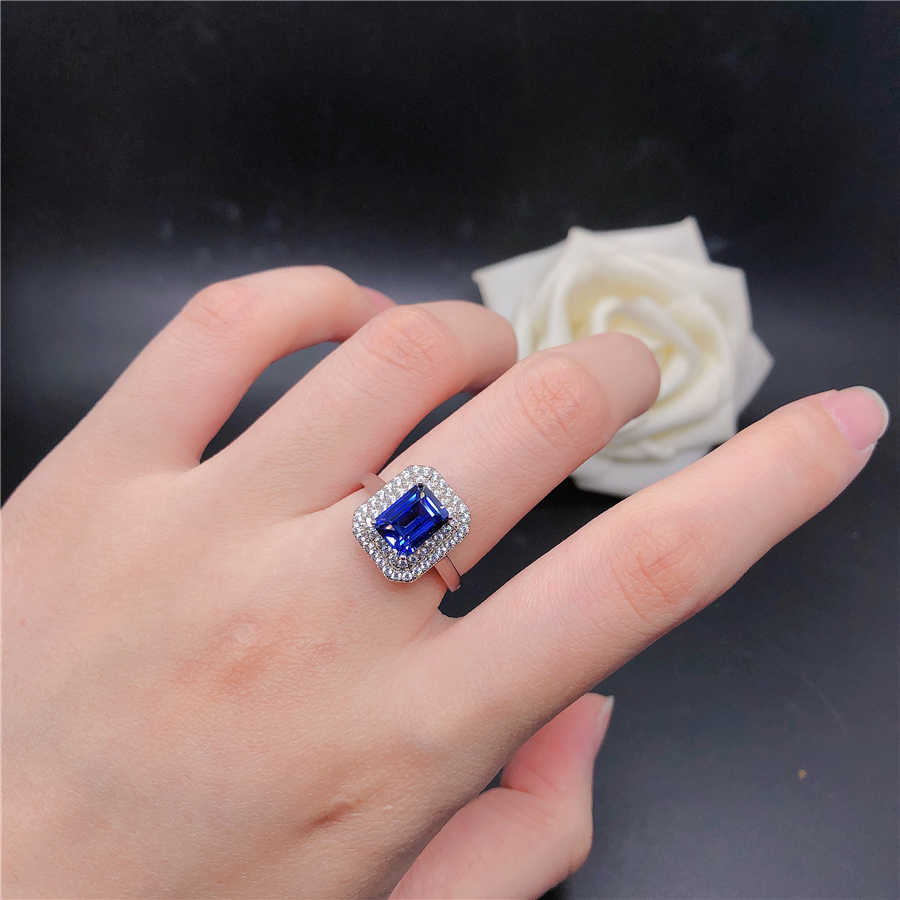 Band Rings Genuine 18K White Gold Rings Female 2CT Rectangle Sapphire Diamond Wedding Rings For Women Beautiful Birthday Jewelry