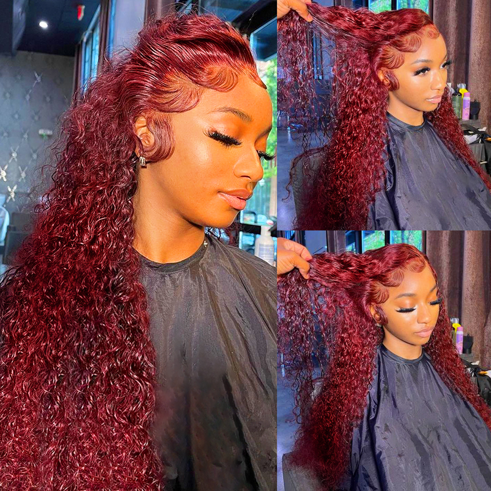 Burgundy Transparent Deep Wave Lace Frontal Wig 13x4 Red Color Brazilian Remy T Part Wig Curly Human Hair Wigs for Women