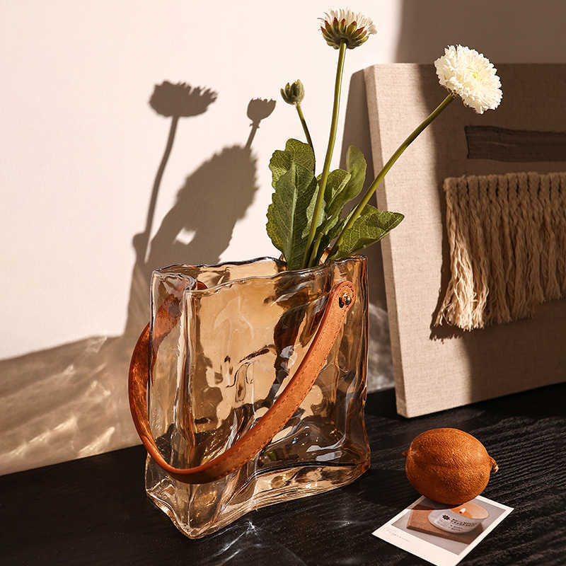 ガラスバッグ花瓶透明デラックスリビングルームホームデコレーションハンドバッグフラワーウェアHKD230810