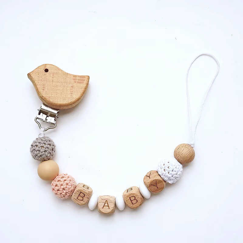 Baby Pacifier Clips INS Nordic DIY Personalized Name Wood Crochet Safe Anti-drop Holder Chain Newborn Teethers Dummy Nipple Clip