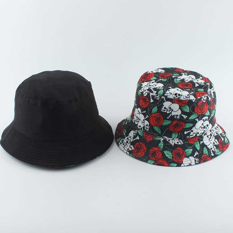 Breda randen hattar hinkhattar Panama Fishermant Hat Harajuku Skull och Rose Flower Print Bucket Hat For Women Män Vändlig fiske CAP HKD230810