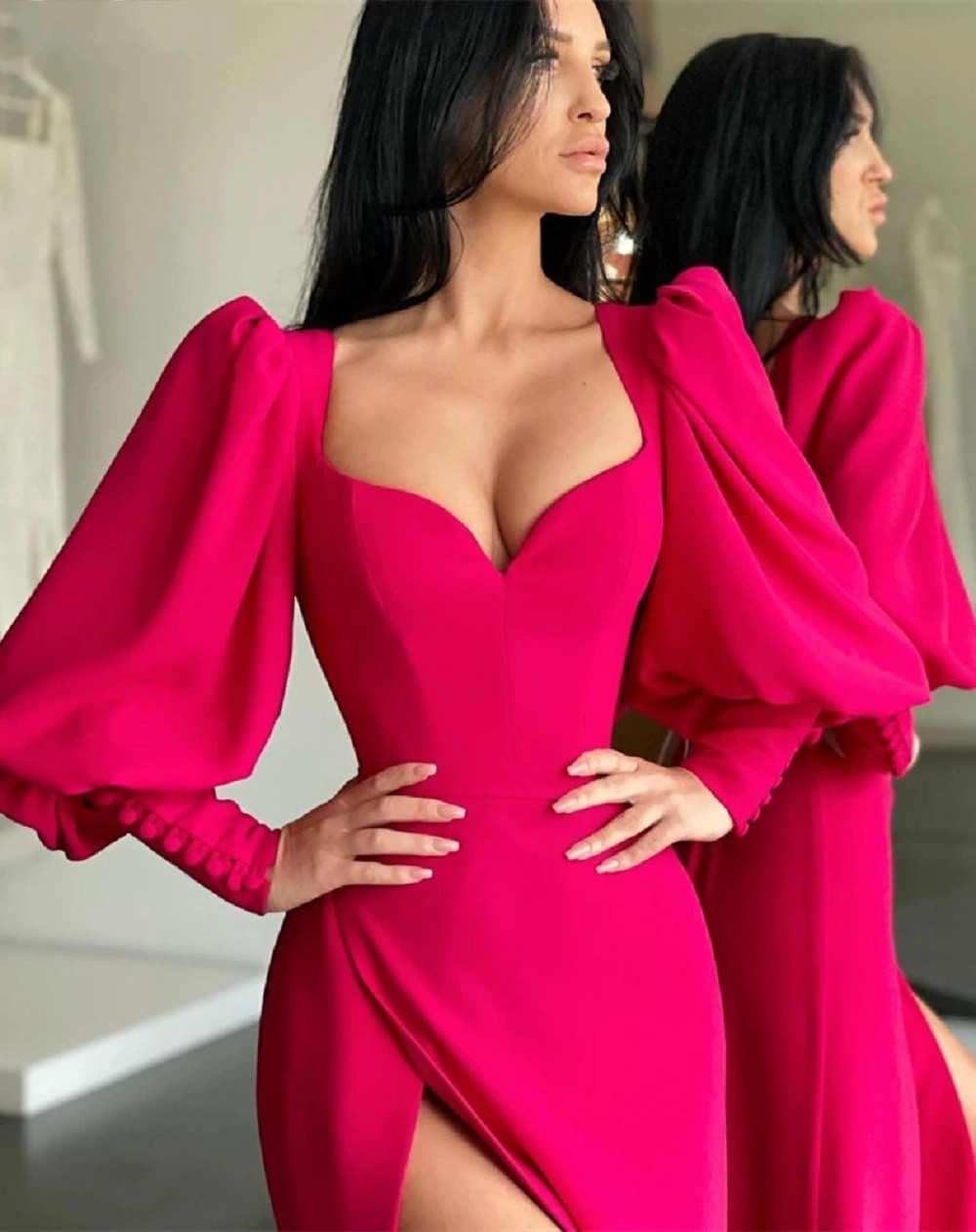 Fuchsia eleganckie puff długie rękawy wieczorne sukienki Arabskie Arabiczne Aso Ebi proste kobiety formalne okazję suknie imprezowe Długość podłogi seksowna rozłam SEKONG SUKIETA CL2697