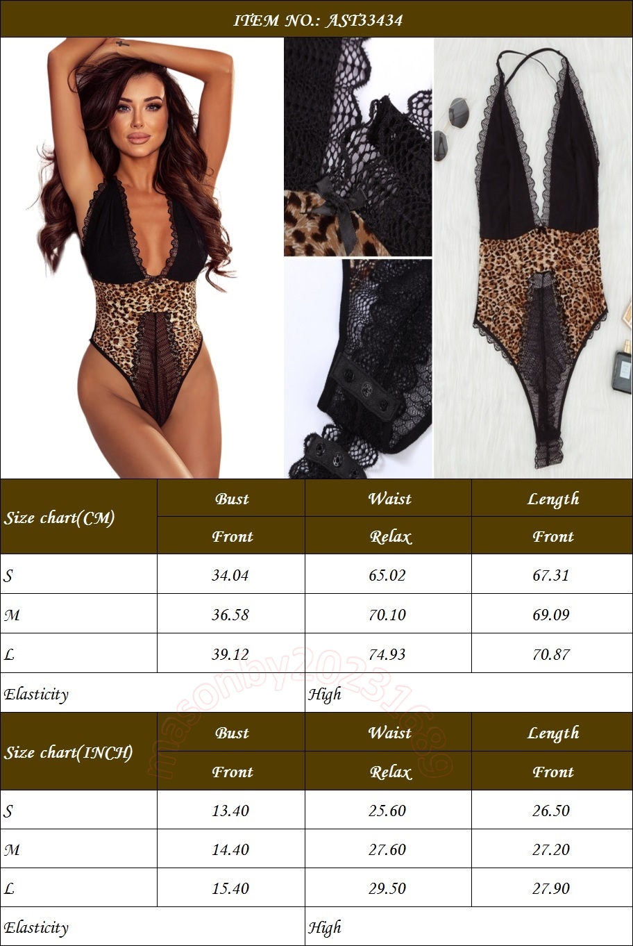 Deep v Lace Leopard Print Cross Cutout Back Teddy underkläder Bodysuits for Women