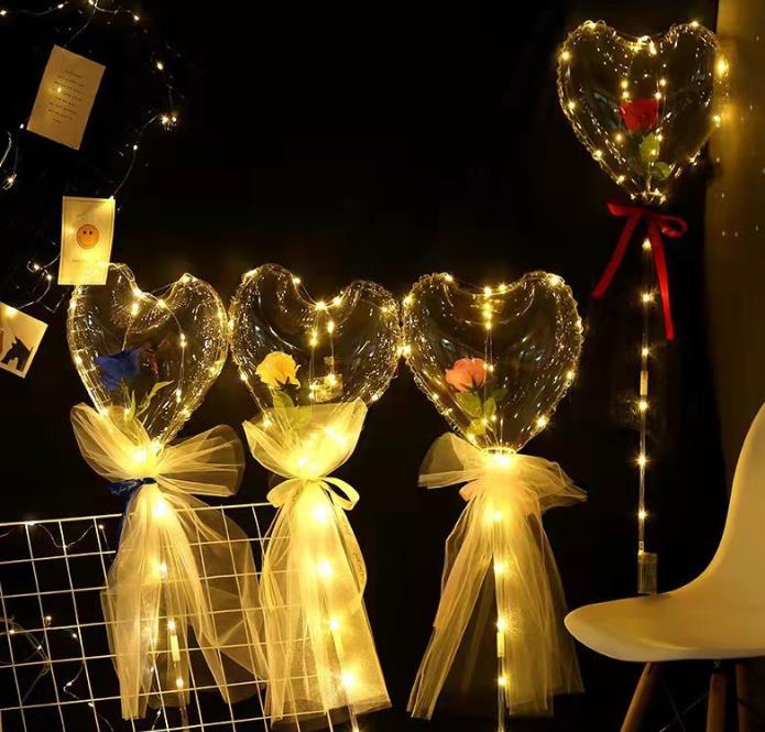 Party Decoration Led Bobo Balloon Flashing Light Heart Shaped Rose Flower Ball Transparent Valentines Day Gift SN844