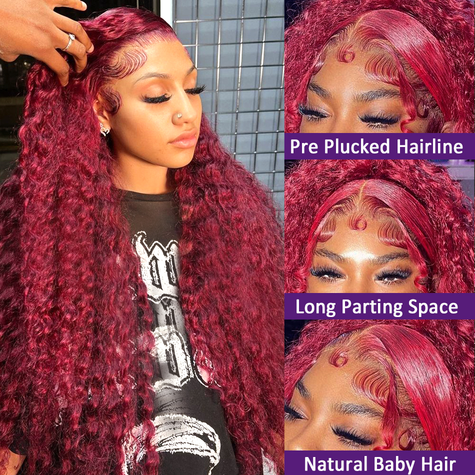 30 32 tum 99J Bourgogne Deep Wave 13x4 Spets Front Wig Red Colored Remy 180% Loose Curly Human Hair Spets Frontal Wigs