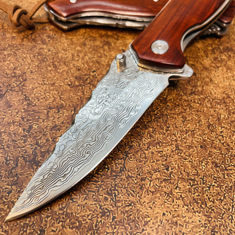 Nowy S7213 Flipper Składanie noża Damascus Stal proste punkt Blade Rosiew Rosiew Rosiew Rosiew na zewnątrz kemping wędkarski EDC Kieszonki z skórzaną osłoną