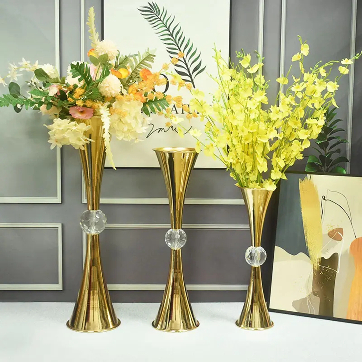 Luxury Modern Large Metal Floor Vase Golden Iron Work Flower Vase Wedding Table Decoration 982