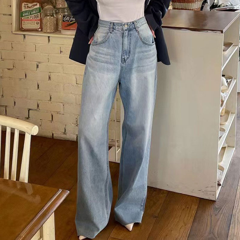 New design women's high waist denim jeans back love heart print wide leg loose long trousers pants SML