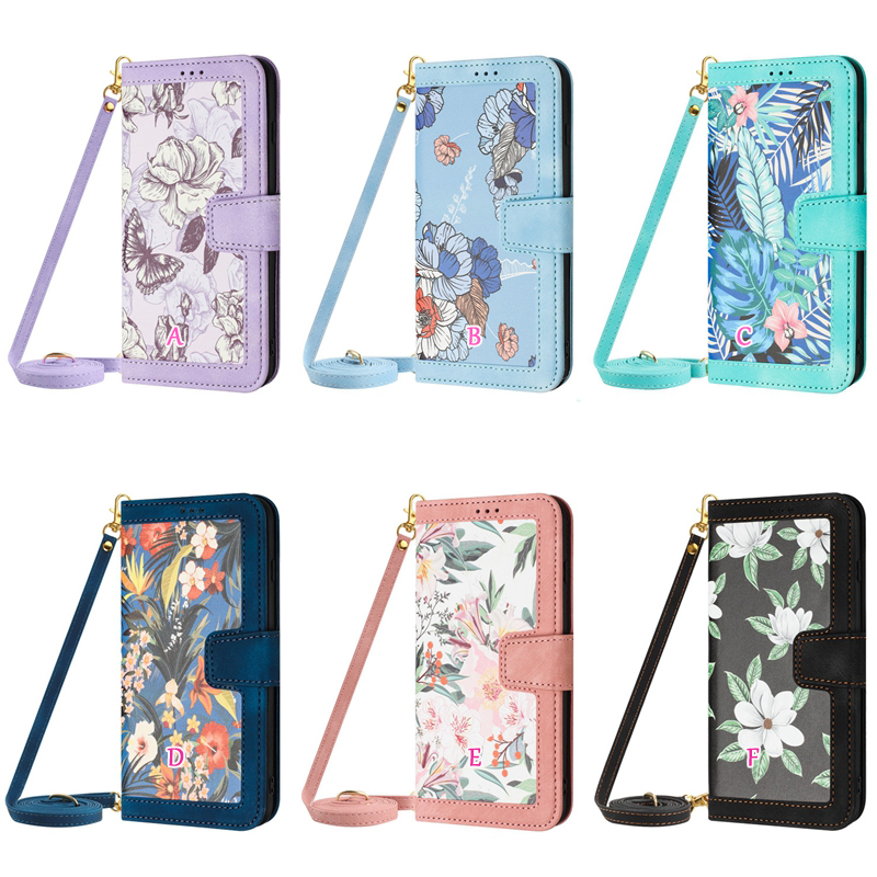 Stylish Flower Leather Wallet Cases For Iphone 15 Plus 14 13 Pro Max 12 X XS XR 8 7 Hawaiian Butterfly Floral Credit ID Card Slot Flip Cover Lady Crossbody Shoulder Strap