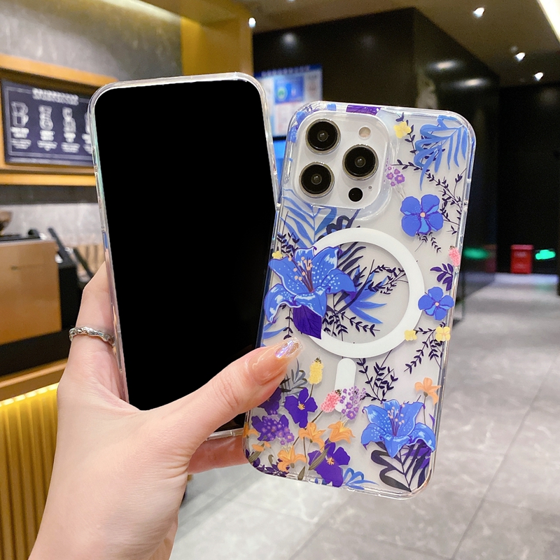 Flower Magnetic Wireless Charging Cases For Iphone 15 14 Plus 13 Pro MAX 12 Samsung Galaxy S24 S23 Ultra S22 Fashion Soft IMD TPU Magnet Clear Tranparent Phone Cover