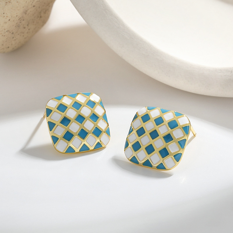 stud Earrings S925 Sterling Silver Women's Enamel Earrings Designer Retro Irregular Glue Square Checkerboard Luxury stud Earrings