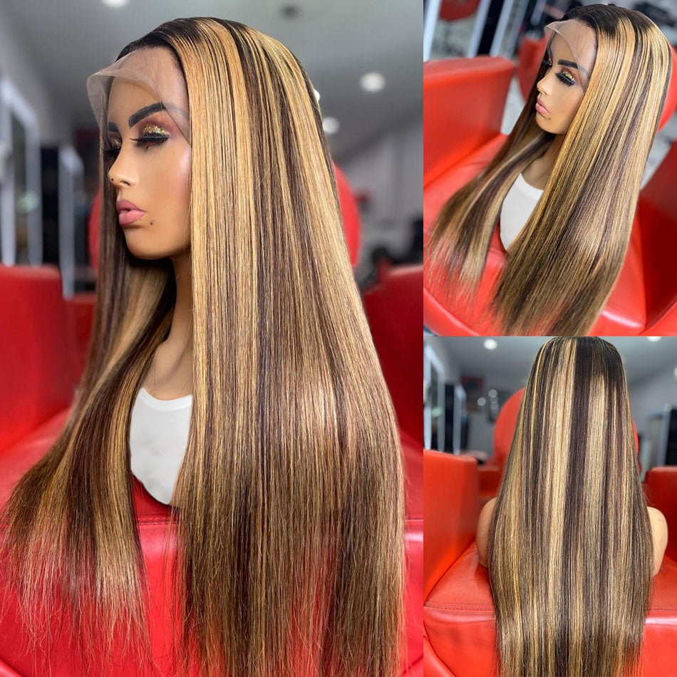 34inch Bone Straight Highlight Lace Front Human Hair 4/27 Ombre 13x4 Lace Frontal Wigs 13x6 Honey Blonde Colored Wigs for Women