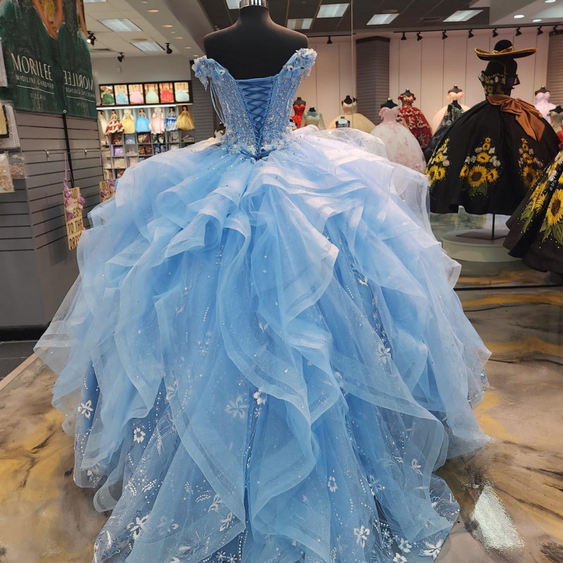 Robe princesse Quinceanera bleu ciel clair, épaules dénudées, avec des Appliques en paillettes et fleurs, robe De fête pour 16 ans, 2024