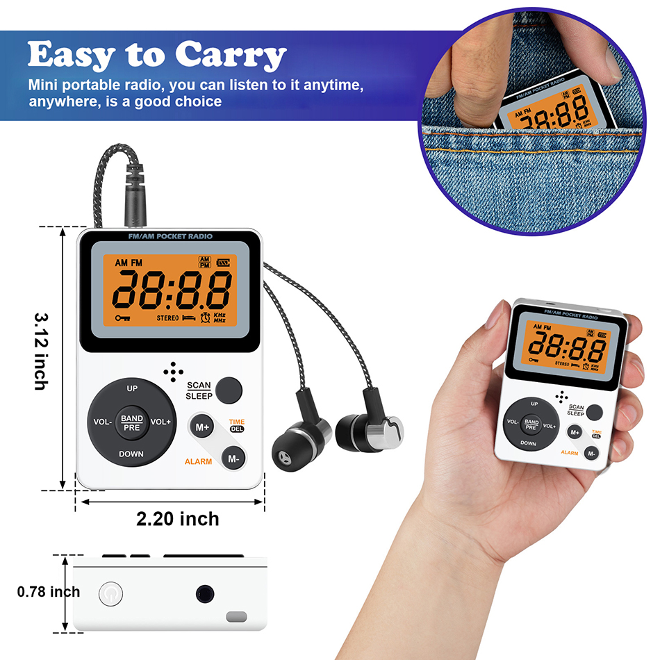 MINI FM AM Radio Radio Pocket Radio Headset Radio Display LCD Display Packlight 76-108MHz لبطاريات AAA QL-06