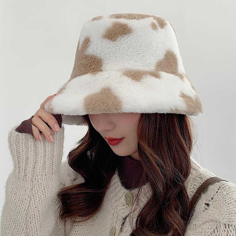 Chapeaux à bord large chapeaux de seau d'hiver vache léopard fausse fourrure chapeaux moelleux chapeaux femmes extérieurs chapeau de soleil chaud