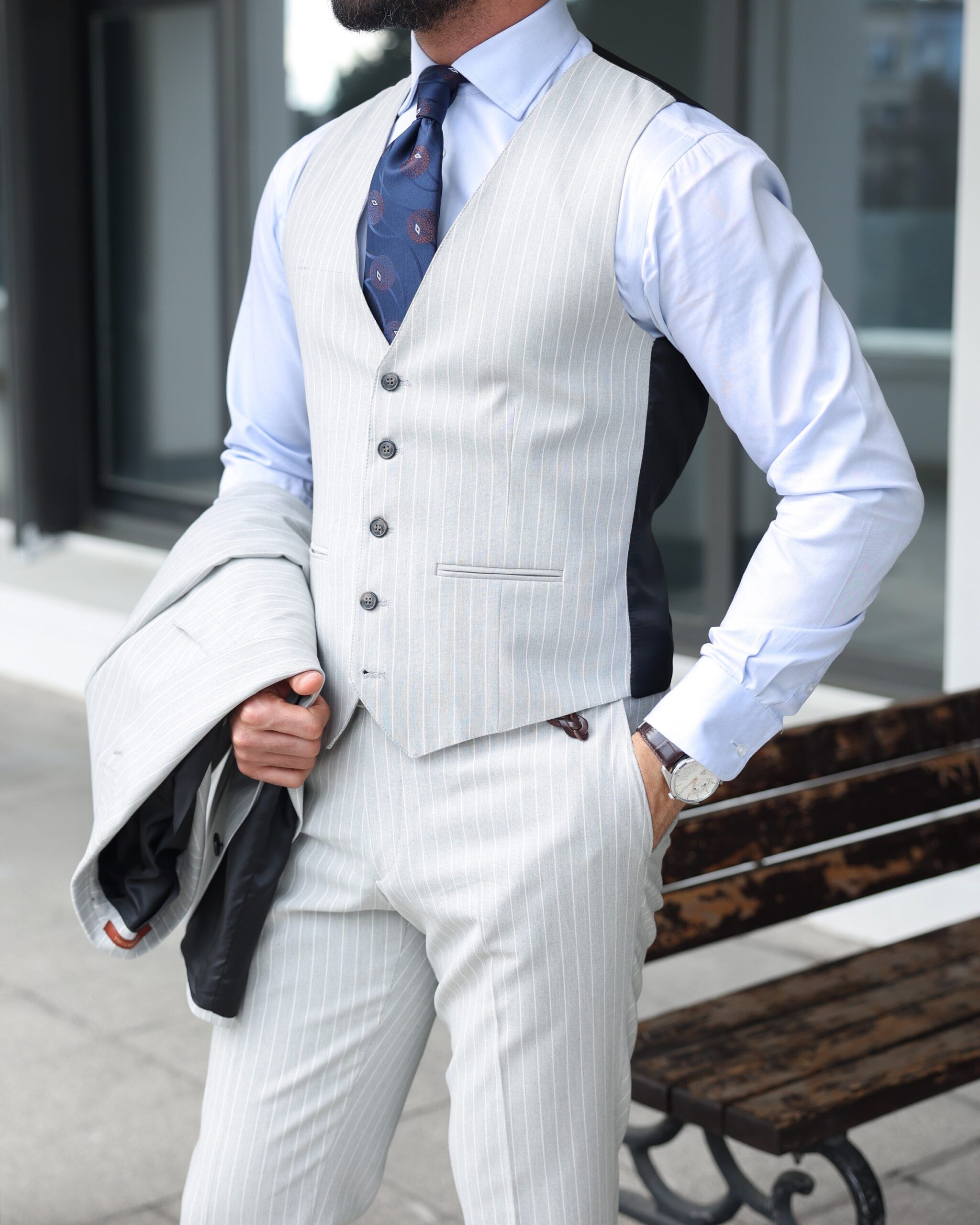 Abiti da sposa da uomo a strisce a strisce di moda abbigliamento da sposo a picco da 3 pezzi smoking slim blazer pantaloni con gilet personalizzati fatti