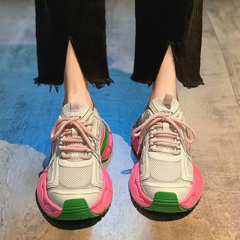 Pembe Mesh Spor Ayakkabıları Kadınlar İçin 2023 Yaz YENİ Y2K KALIN TOPLAR SPEAKERS Kore Yuvarlak Toe Çok Yönlü Ayakkabılar Tenis Casual Sneakers