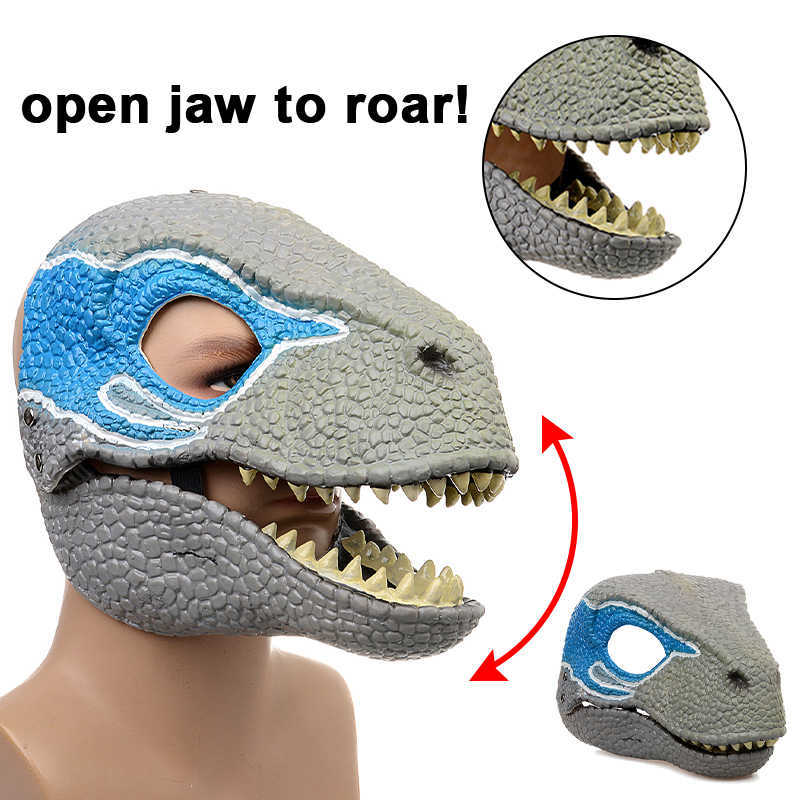 シートベルトと動く顎で着やすい青いラプター恐竜マスク