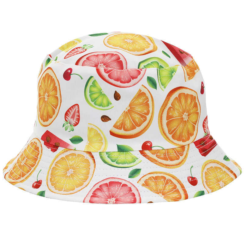 Brede rand hoeden emmer hoeden 2022 zomer dubbelzijdige groente fruit print emmer hoed mode hiphop zon cap mannen vrouwen bob hoeden outdoor panama gorros hkd230810