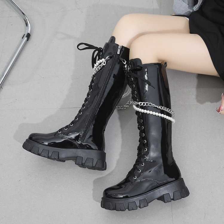 2023 Herbst/Winter Neue Mode Britisch -Stil Dicke untere Perle Kette abnehmbar Schnüre -up Long Barrel Knight Boots Frauen 230811