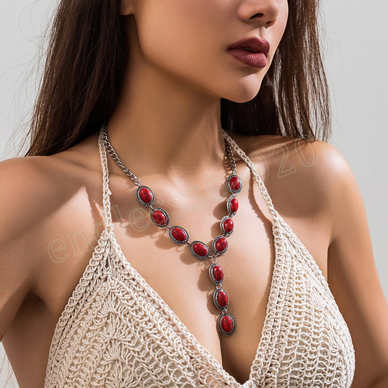 Uttalande pärlstav vintage smycken turkosa strass natursten halsband för kvinnor pendent krage hals smycken