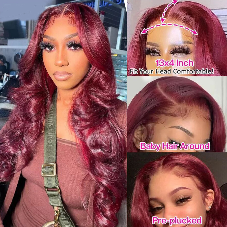 99J Burgundy Lace Front Wig 250 كثافة موجة الجسم WIG 13x4 مسبقًا من الدانتيل الأمامي شعر مستعار للشعر البشري للنساء