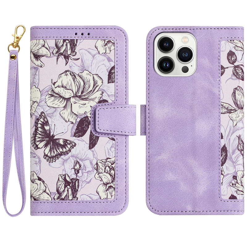 Moda Hawaiian Flower Pu Deri Deri Cüzdan Kılıfları İPhone 15 Plus 14 13 Pro Max 12 XS XR 8 7 Şık Kelebek Çiçek Kredi Kimliği Kartı Yuvası Yuva Çevirme Kapak Kızları Koruma Kayışı