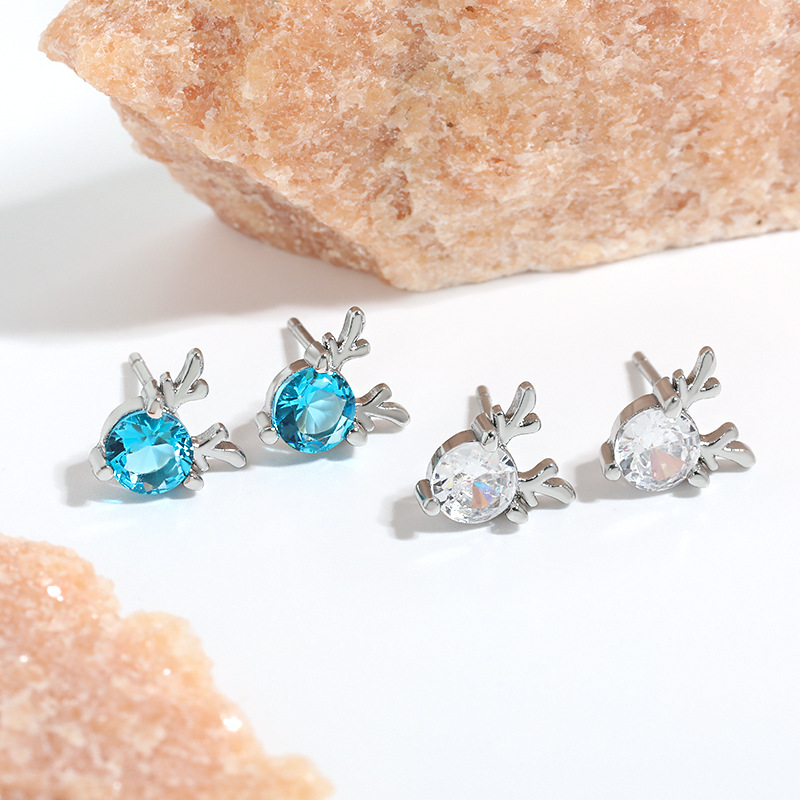 Stud Earrings S925 Sterling Silver Women's Elk Earrings Blue Shiny Crystal A Deer With You Simple Small Antler Stud Earrings Luxury Jewelry Accessories Girl Gift